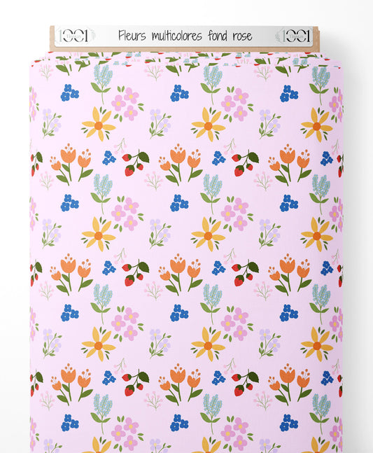 Tissu - Fleurs multicolores sur fond rose