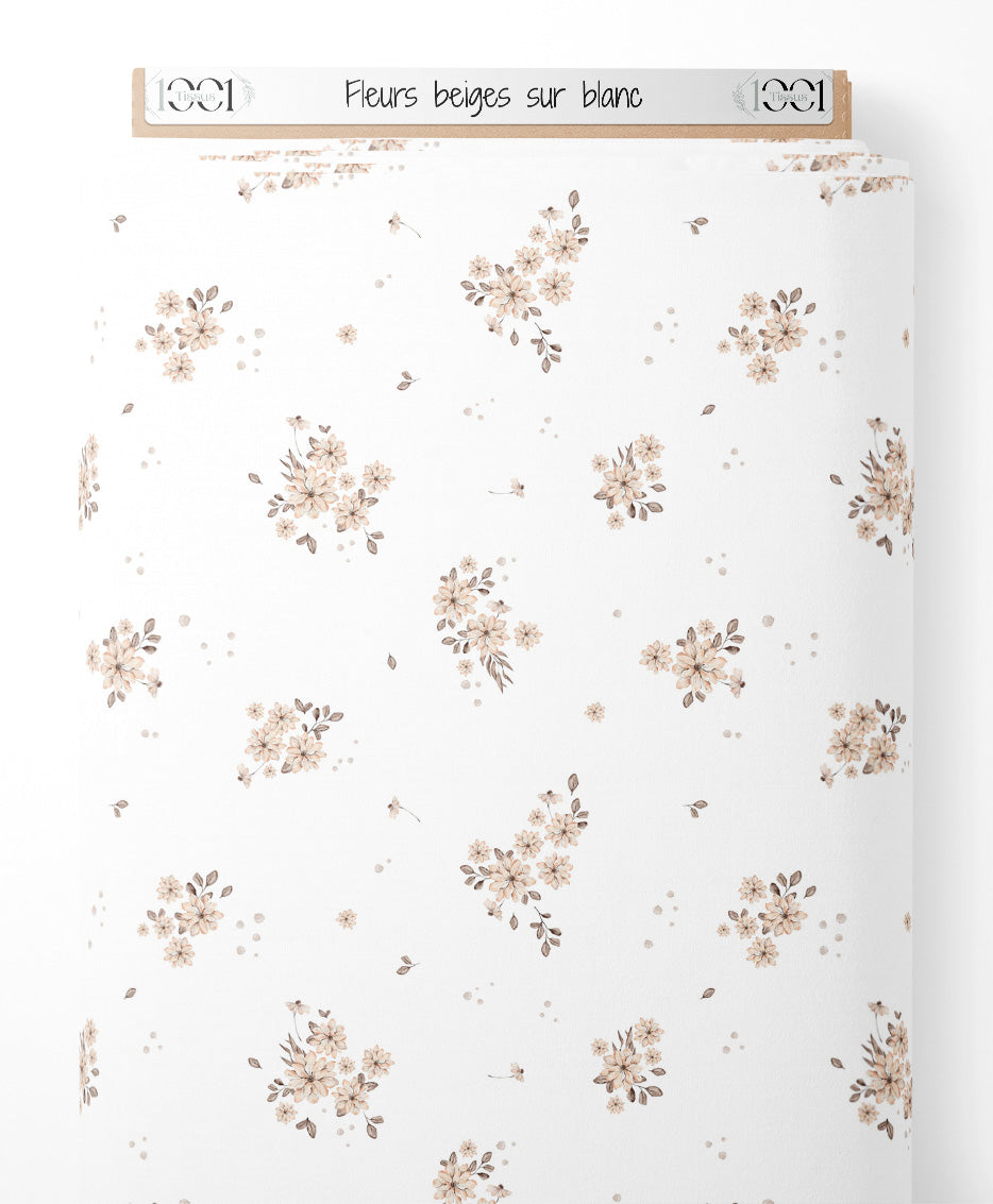 Tissu - Fleurs beiges sur blanc