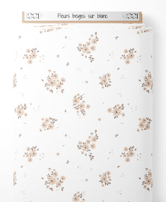 Tissu - Fleurs beiges sur blanc