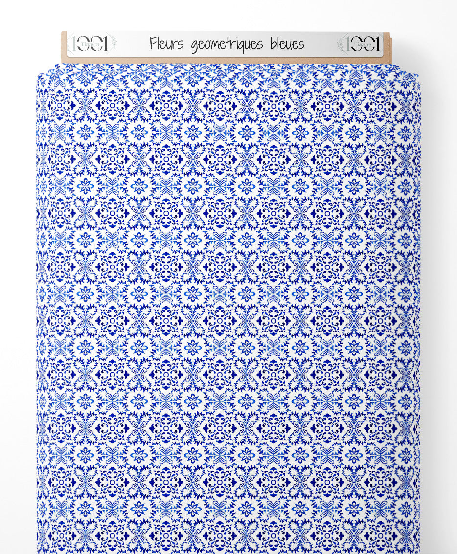 Tissu - Fleurs géométriques bleues