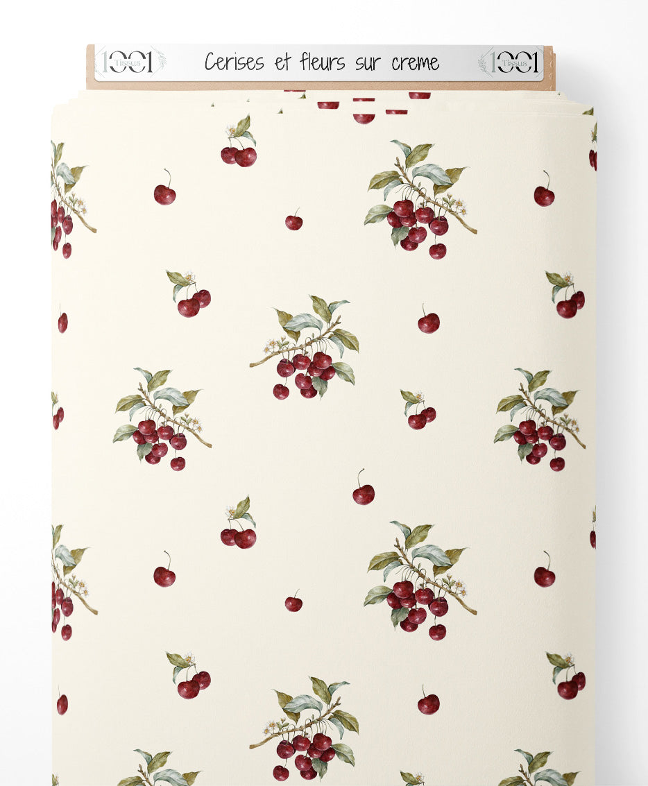 Tissu - Cerises et fleurs sur crème