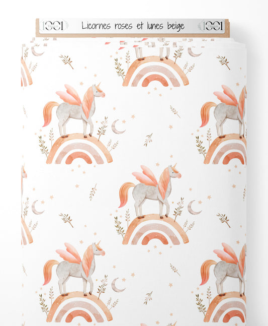 Tissu - Licornes roses et lunes beige