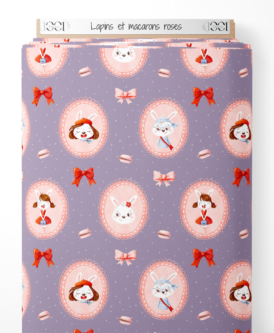 Tissu - Lapins et macarons roses