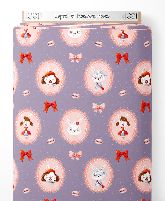 Tissu - Lapins et macarons roses