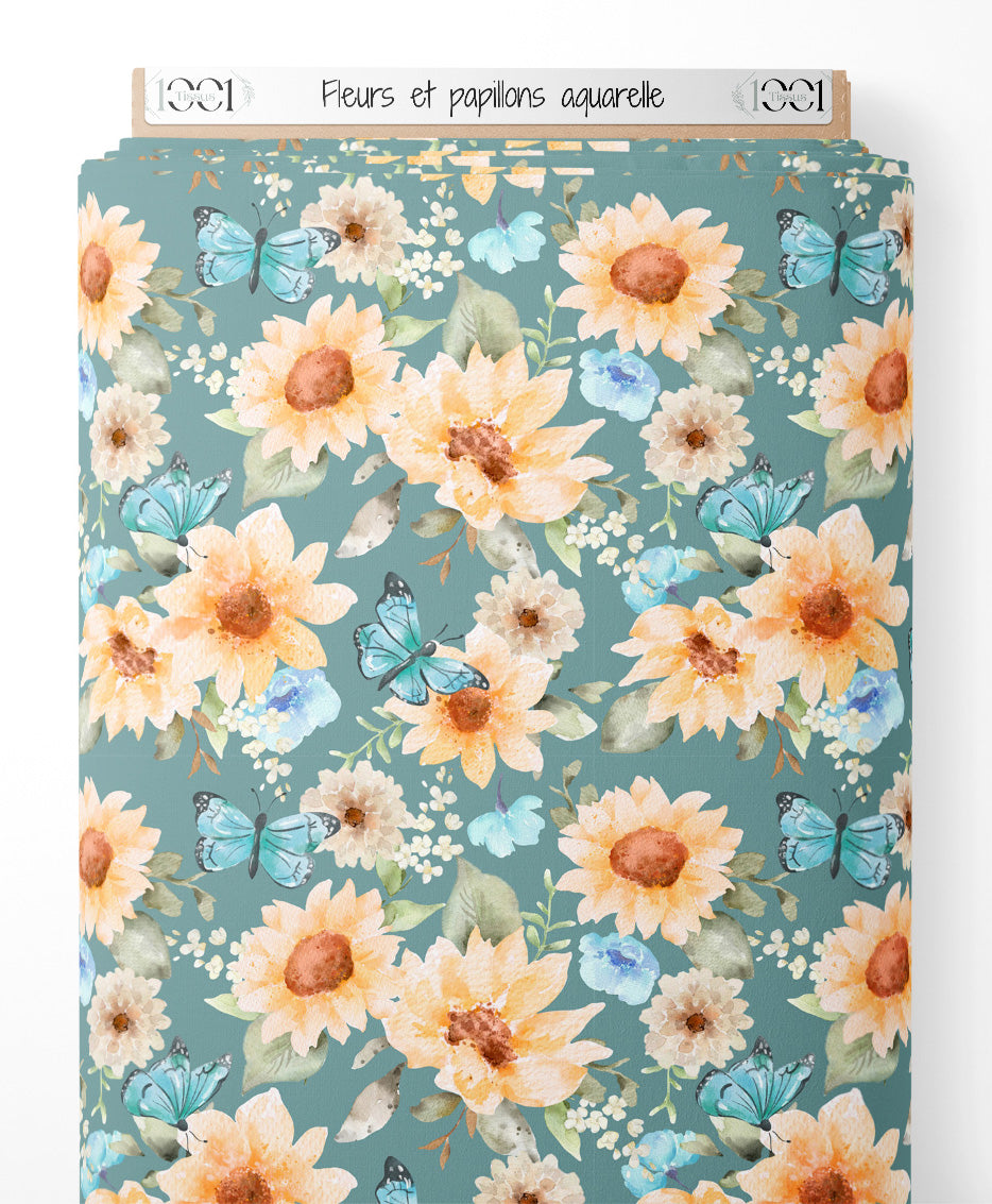 Tissu - Fleurs et papillons aquarelle