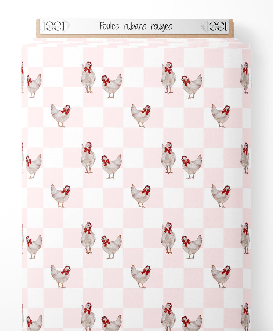 Tissu - Poules rubans rouges