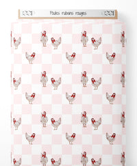Tissu - Poules rubans rouges