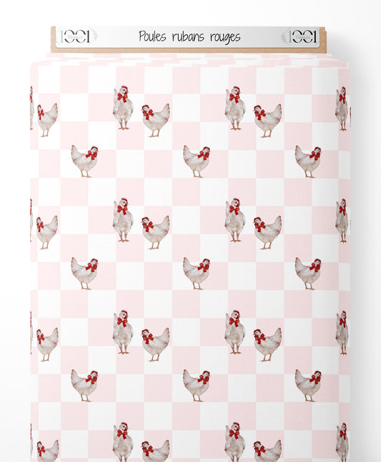 Tissu - Poules rubans rouges