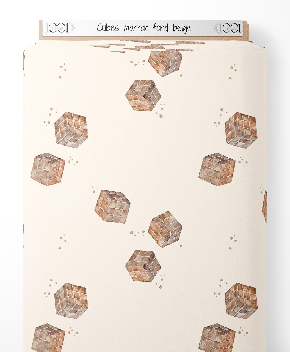 Tissu - Cubes marron sur fond beige