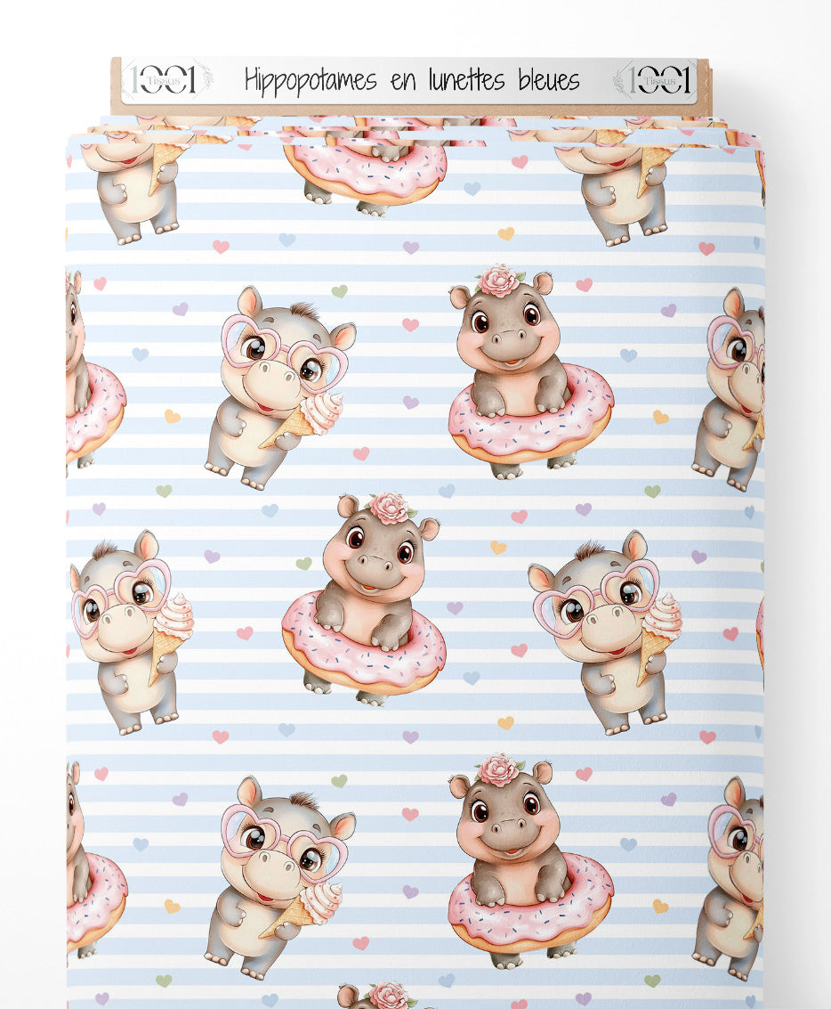 Tissu - Hippopotames en lunettes bleues