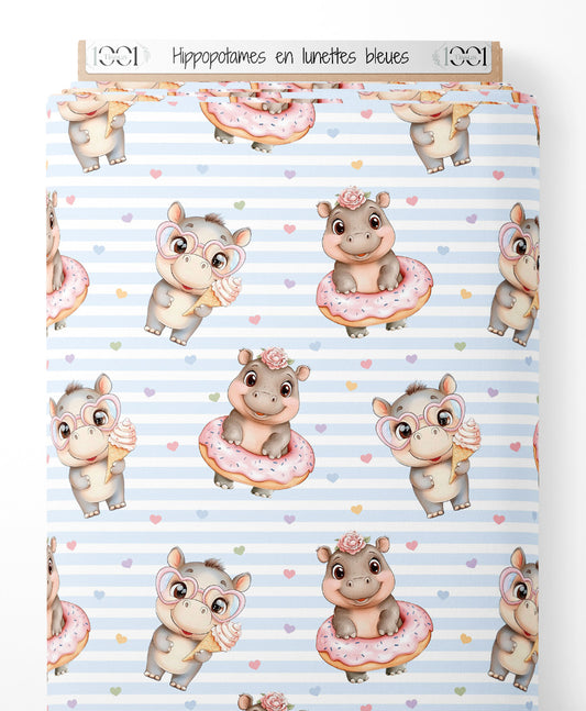 Tissu - Hippopotames en lunettes bleues