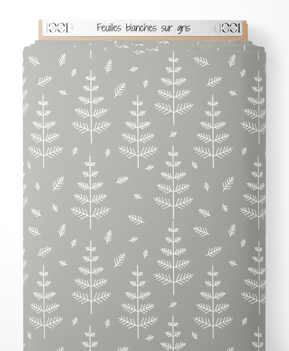 Tissu - Feuilles blanches sur gris