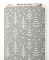 Tissu - Feuilles blanches sur gris