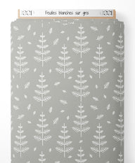Tissu - Feuilles blanches sur gris