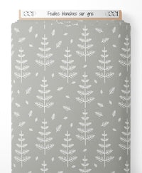 Tissu - Feuilles blanches sur gris