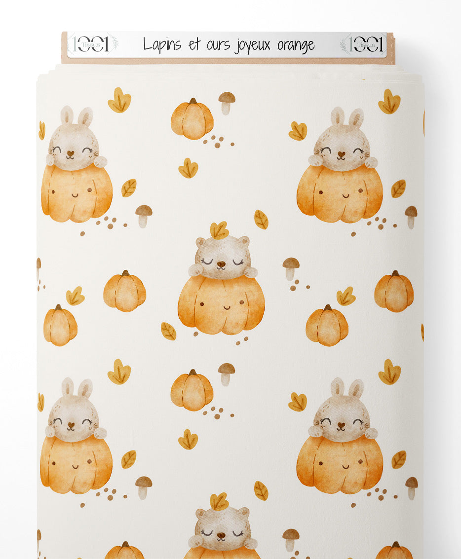 Tissu - Lapins et ours joyeux orange