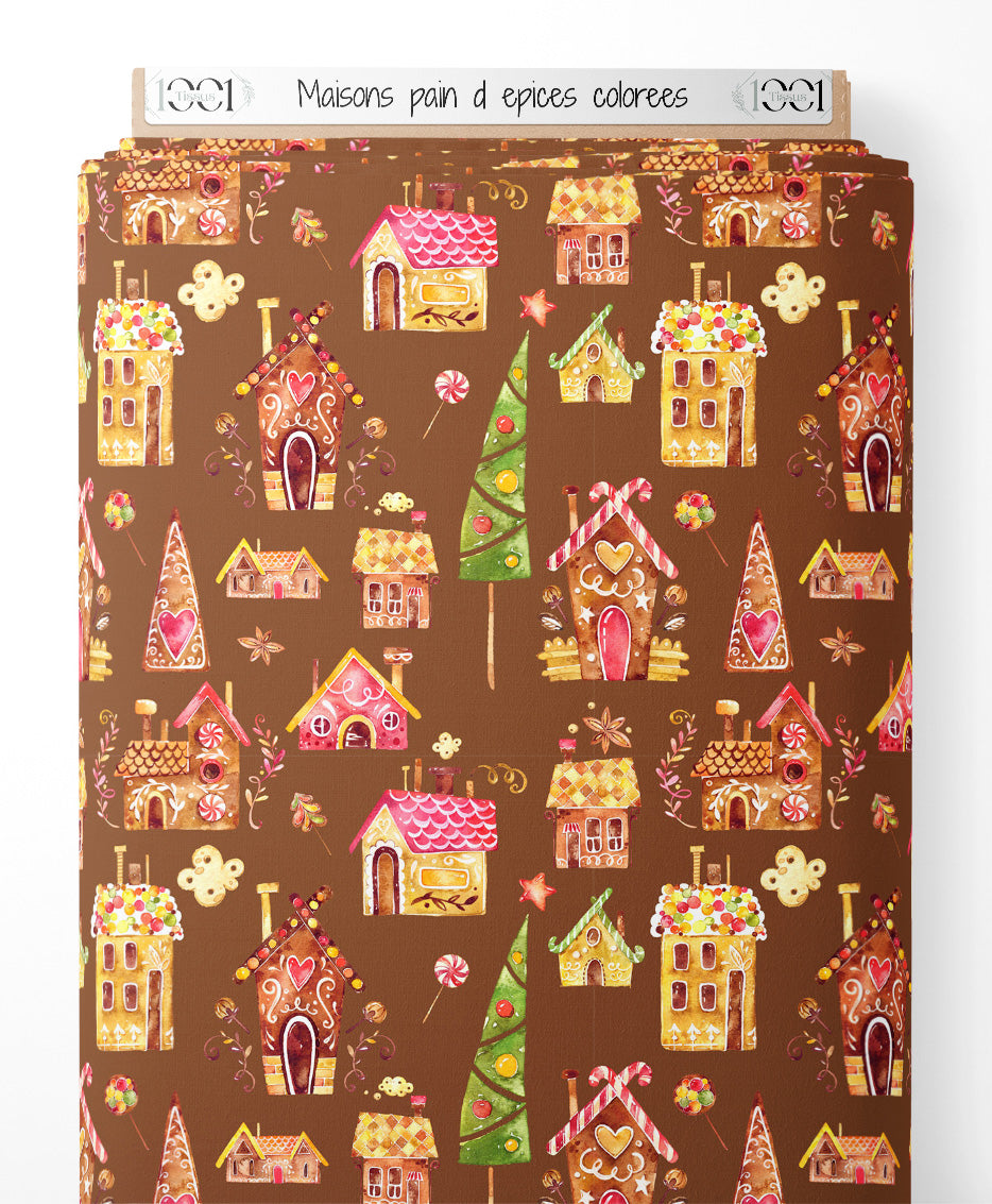 Tissu - Maisons pain d'épices colorées