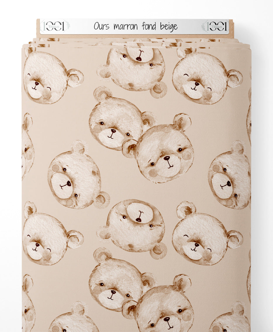 Tissu - Ours marron sur fond beige
