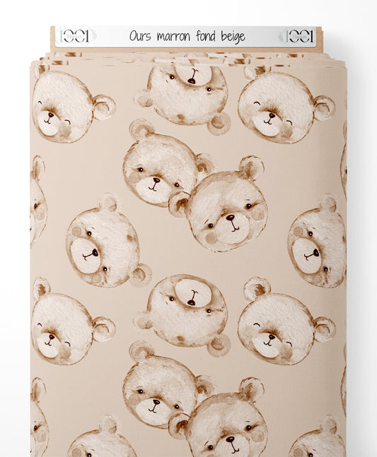 Tissu - Ours marron sur fond beige