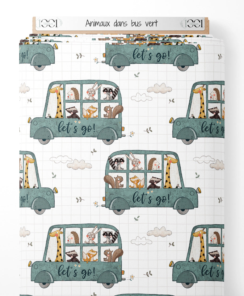 Tissu - Animaux dans bus vert