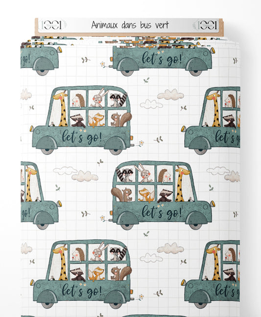 Tissu - Animaux dans bus vert