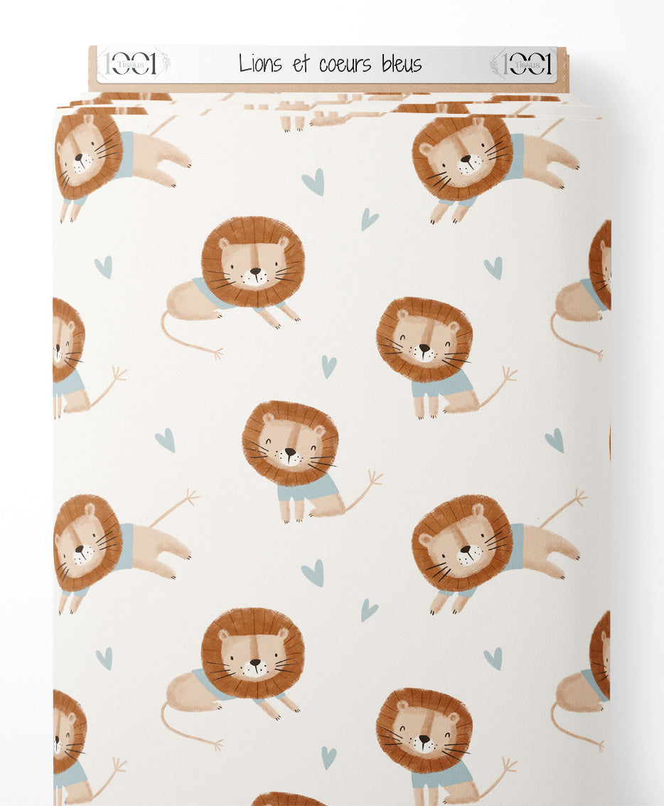 Tissu - Lions et cœurs bleus