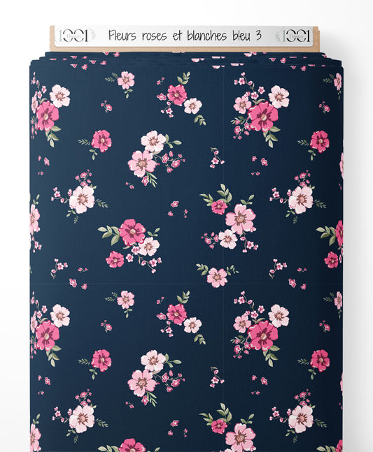 Tissu - Fleurs roses et blanches bleu 3