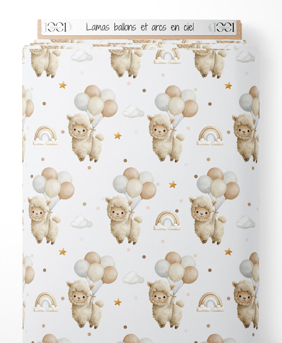 Tissu - Lamas ballons et arcs-en-ciel