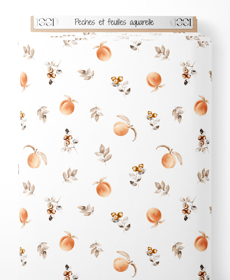 Tissu - Pêches et feuilles aquarelle