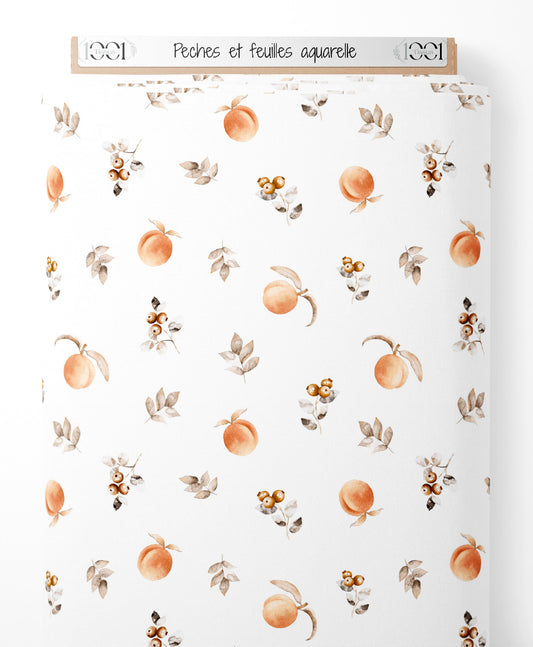 Tissu - Pêches et feuilles aquarelle