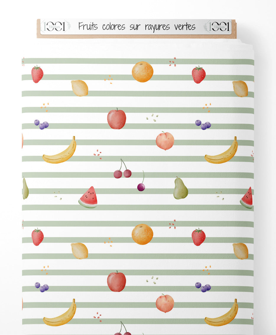 Tissu - Fruits colorés sur rayures vertes