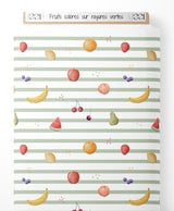 Tissu - Fruits colorés sur rayures vertes