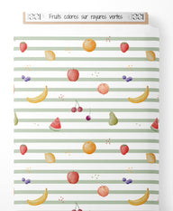 Tissu - Fruits colorés sur rayures vertes