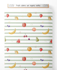 Tissu - Fruits colorés sur rayures vertes