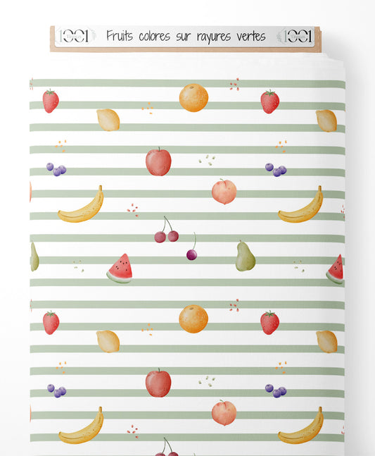 Tissu - Fruits colorés sur rayures vertes