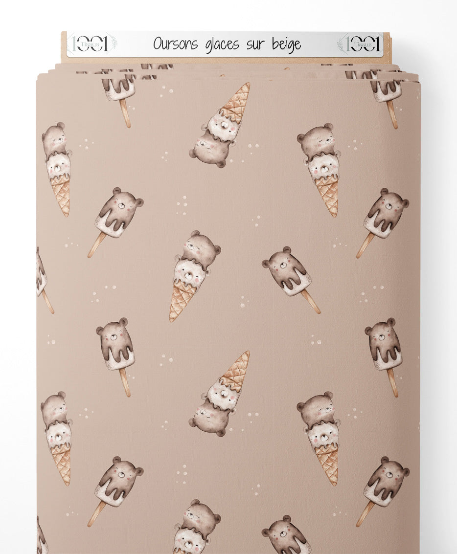Tissu - Oursons glacés sur beige