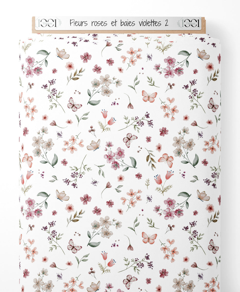 Tissu - Fleurs roses et baies violettes 2