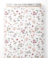 Tissu - Fleurs roses et baies violettes 2