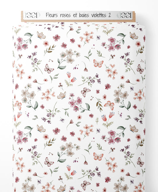 Tissu - Fleurs roses et baies violettes 2