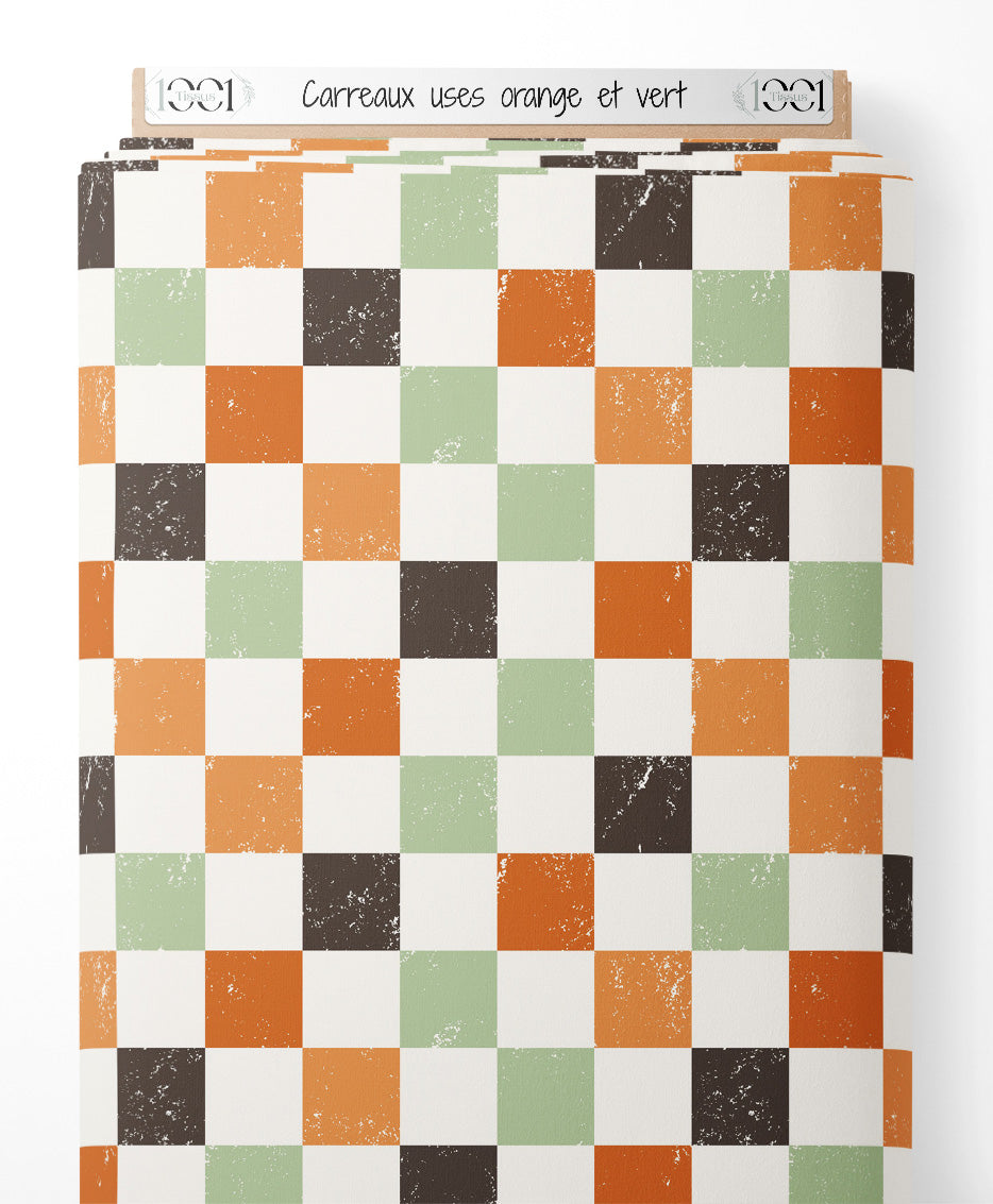 Tissu - Carreaux usés orange et vert