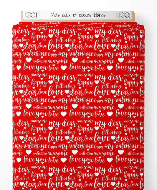 Tissu - Mots doux et cœurs blancs