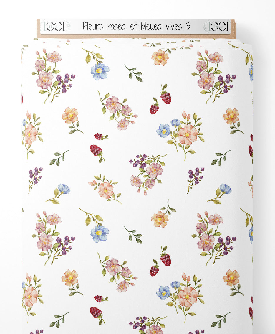 Tissu - Fleurs roses et bleues vives 3