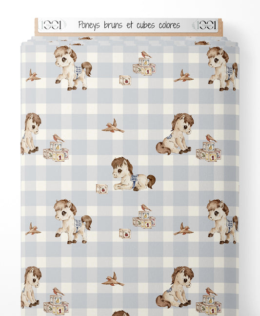 Tissu - Poneys bruns et cubes colorés