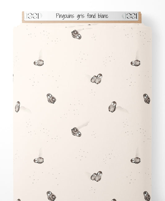 Tissu - Pingouins gris sur fond blanc