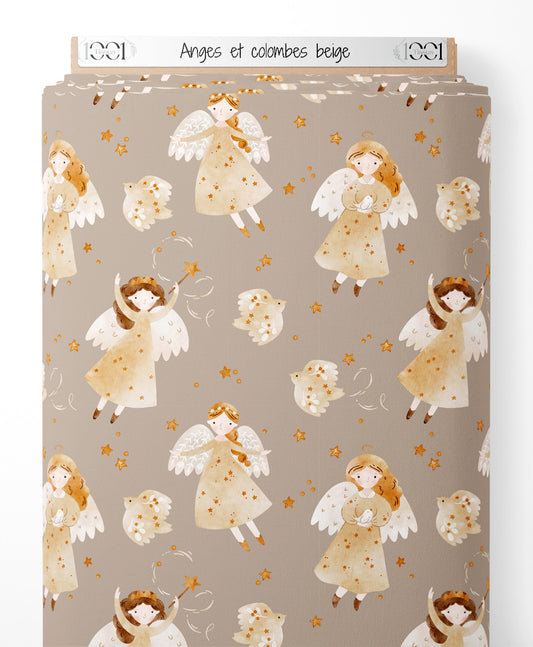 Tissu - Anges et colombes beige