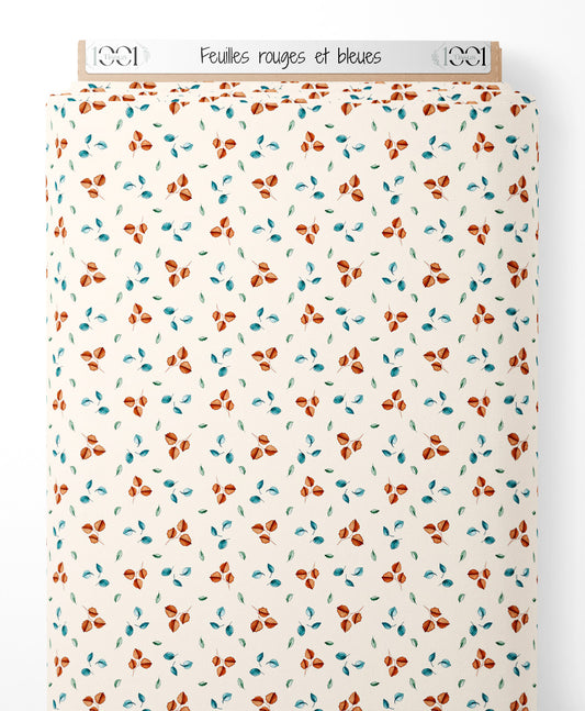Tissu - Feuilles rouges et bleues