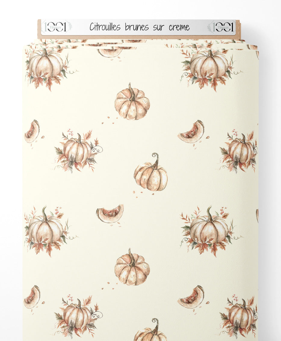 Tissu - Citrouilles brunes sur crème