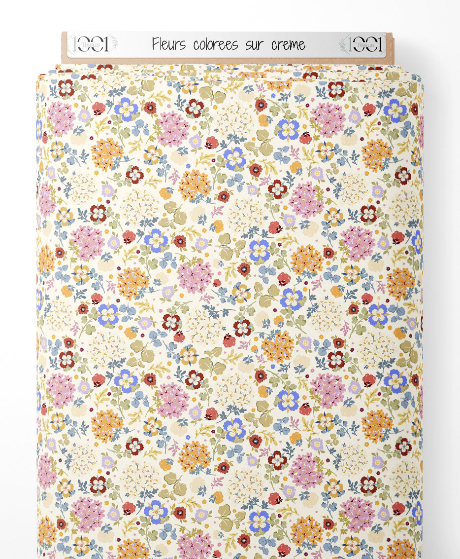 Tissu - Fleurs colorées sur crème
