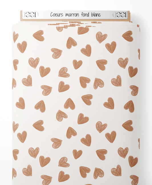 Tissu - Cœurs marron sur fond blanc