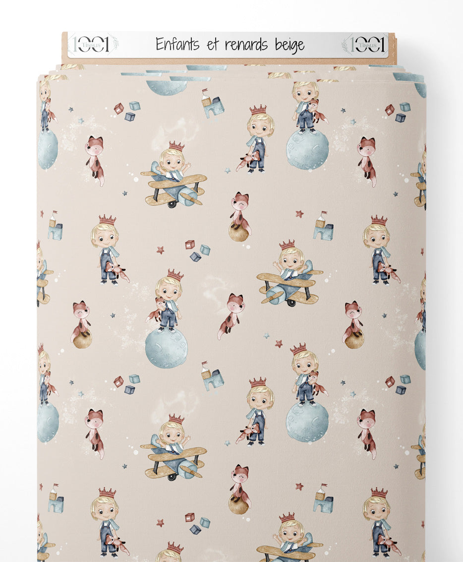 Tissu - Enfants et renards beige